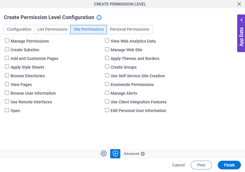 Create Permission Level Configuration Site Permissions tab
