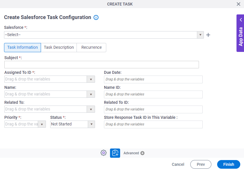 Create Salesforce Task Configuration Task Information tab