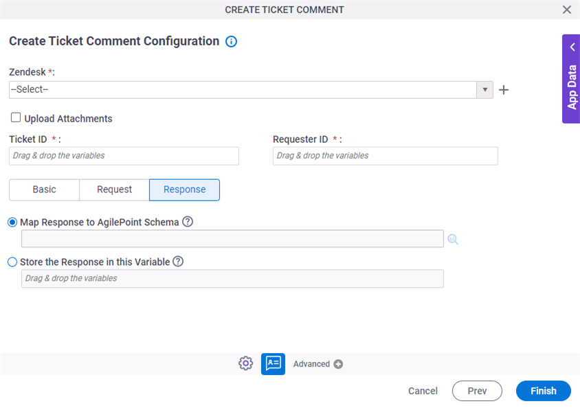 Create Ticket Comment Configuration Response tab
