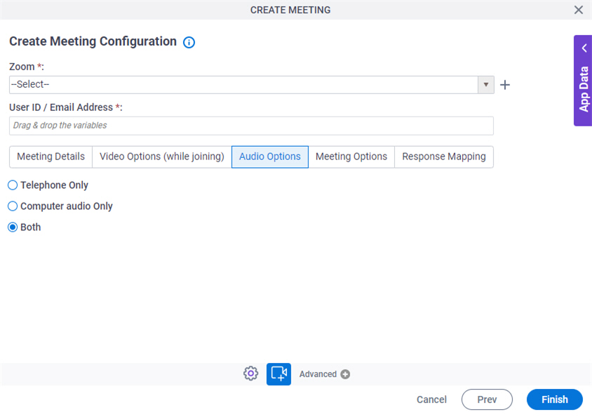 Create Meeting Configuration Audio Options tab