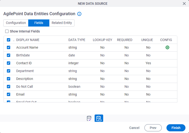 AgilePoint Data Entities Configuration Fields tab