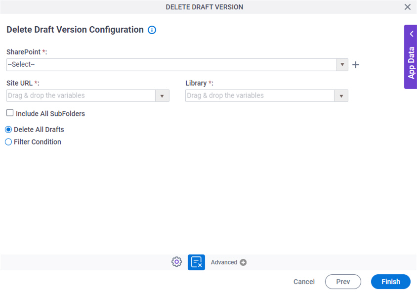 Delete Draft Version Configuration screen