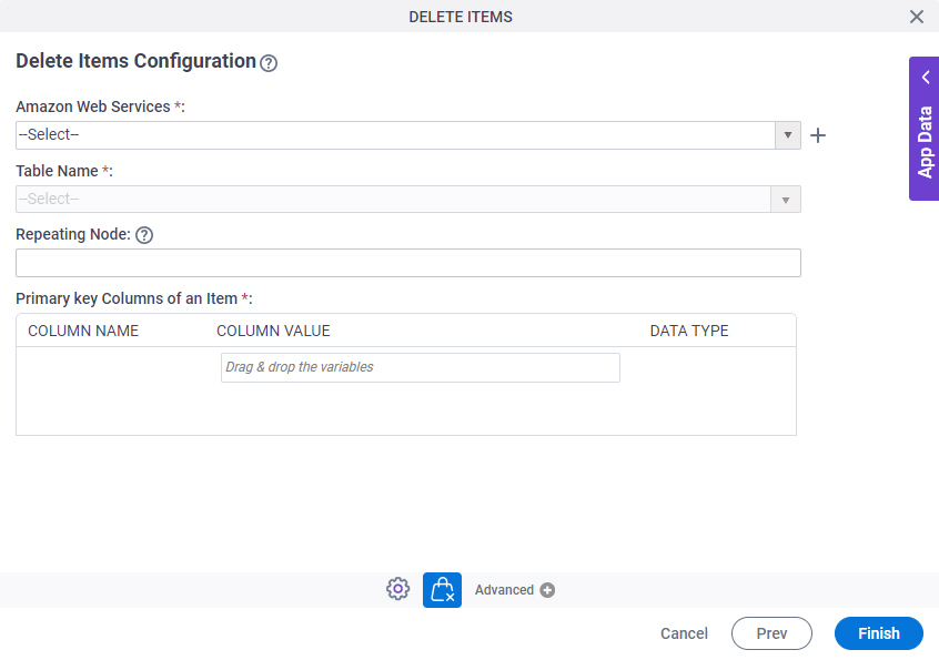 Delete Items Configuration screen