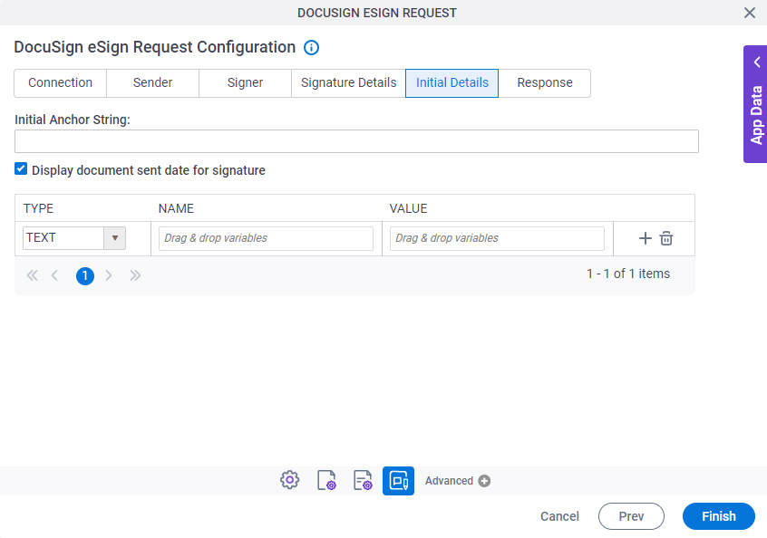 DocuSign eSign Request Configuration Initial Details tab