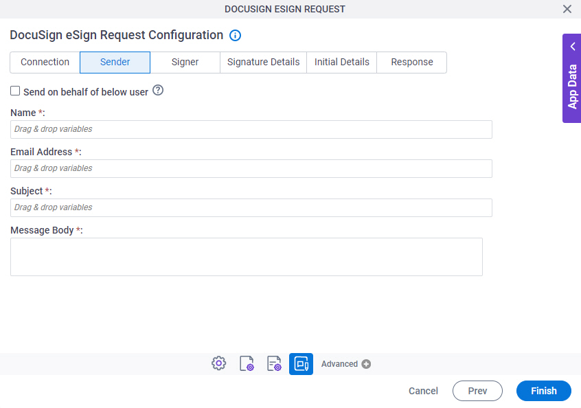 DocuSign eSign Request Configuration Sender tab