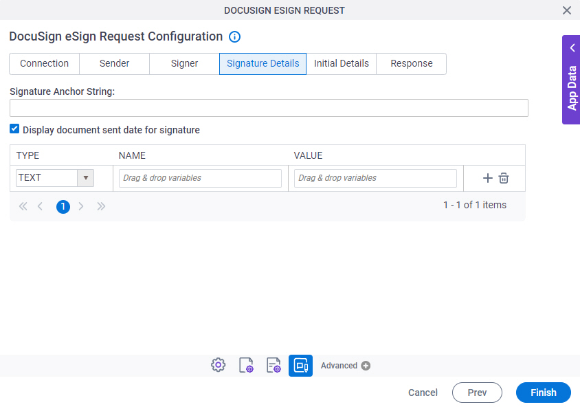 DocuSign eSign Request Configuration Signature Details tab