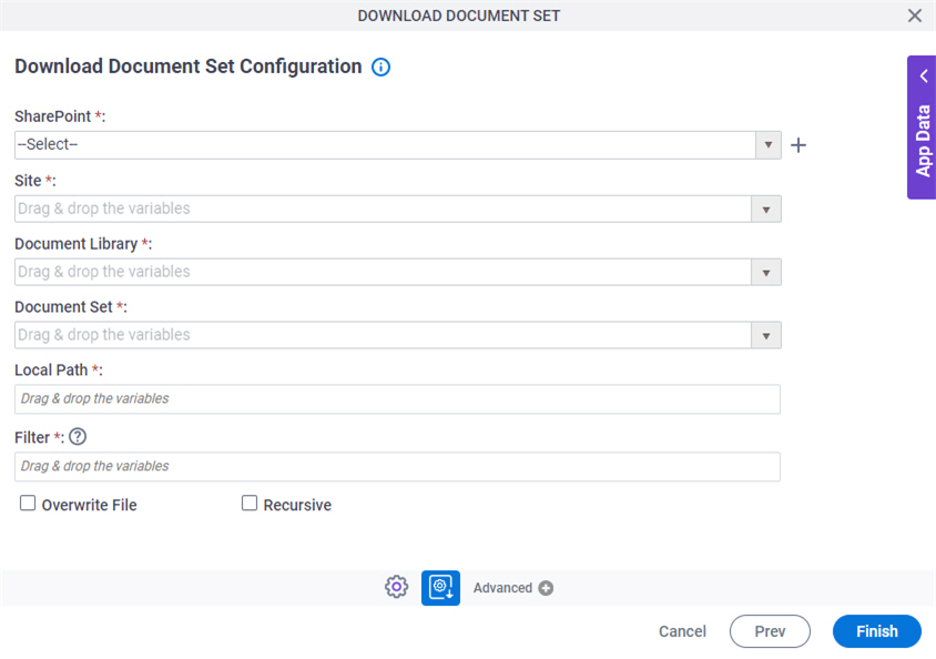 Download Document Set Configuration screen