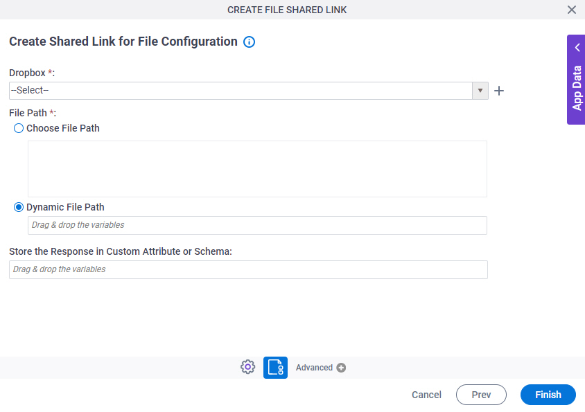 Create Shared Link for File Configuration screen