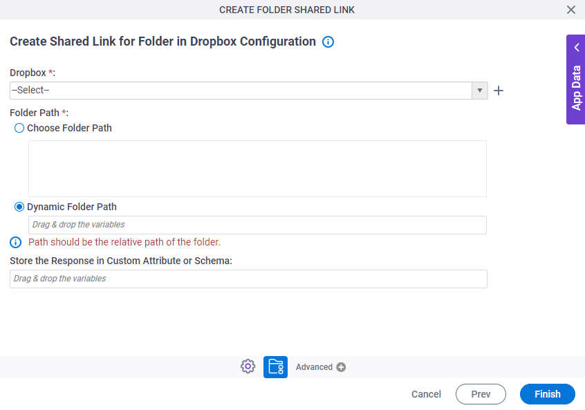 Create Shared Link for Folder in Dropbox Configuration screen