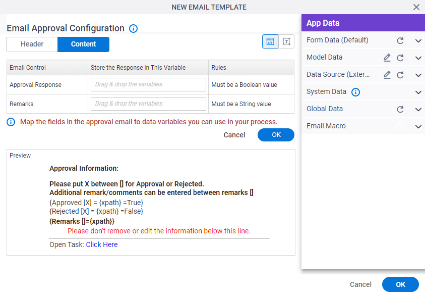 Email Approval Configuration screen