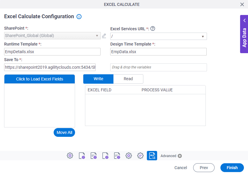 Excel Calculate Configuration screen