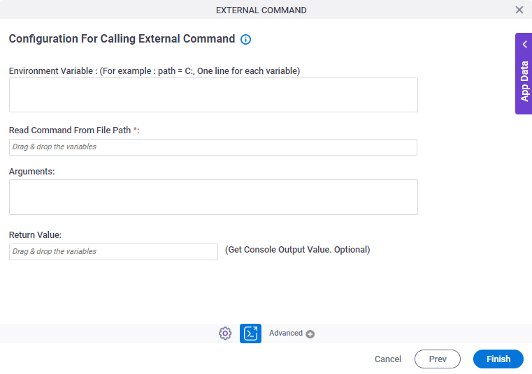 Configuration For Calling External Command screen
