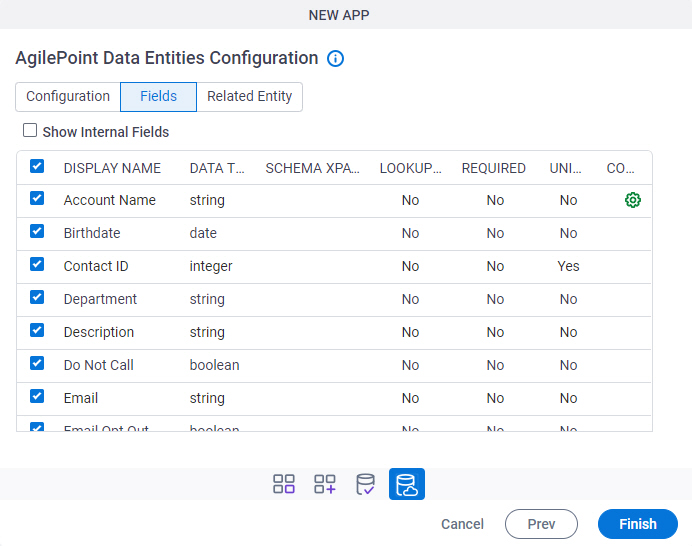 AgilePoint Data Entity Configuration Fields tab