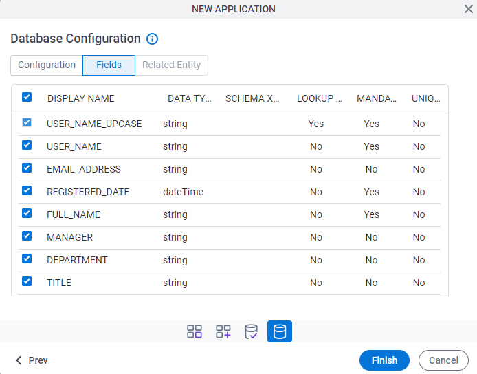 Database Configuration Fields tab