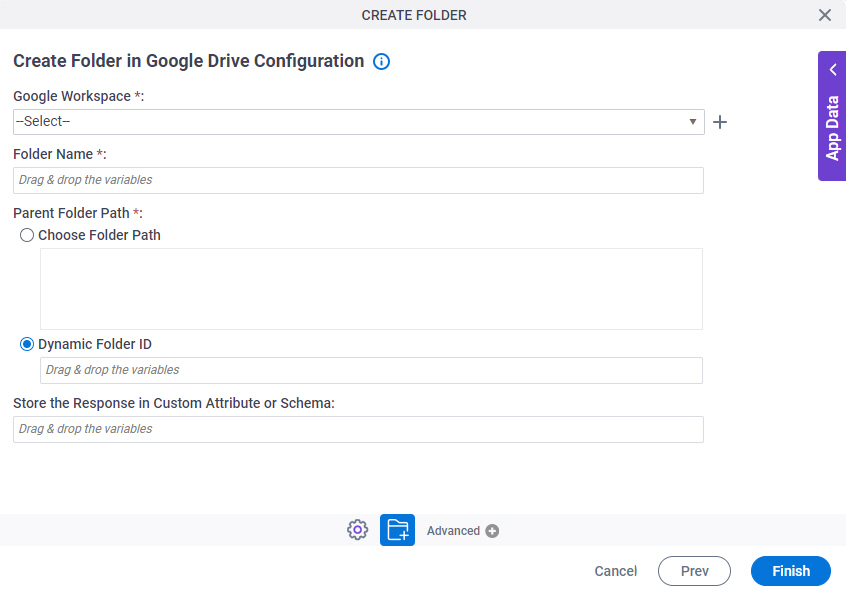 Create Folder in Google Drive Configuration screen