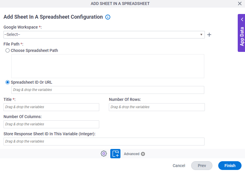 Add Sheet In A Spreadsheet Configuration screen