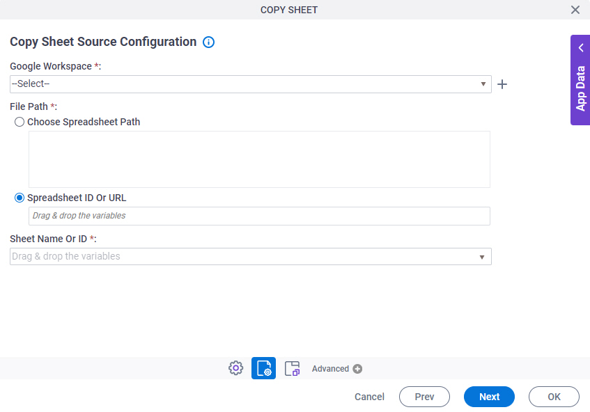 Copy Sheet Source Configuration screen