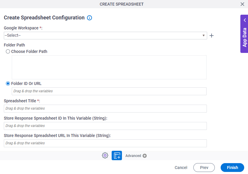Create Spreadsheet Configuration screen
