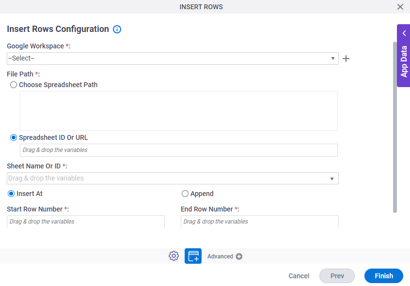 Insert Rows Configuration screen