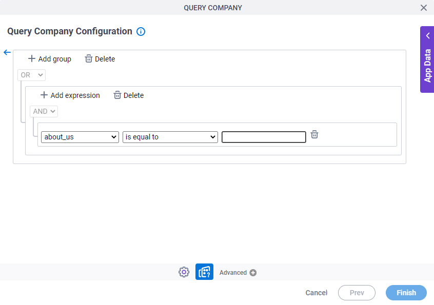 Query Company Configuration Where tab Create Conditions