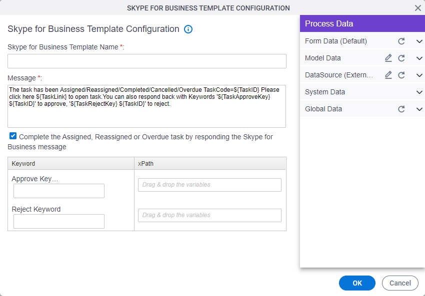 Skype for Business Template Configuration screen