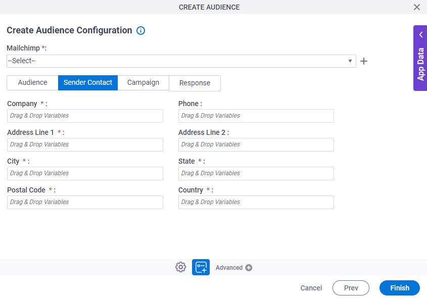 Create Audience Configuration Sender Contact tab