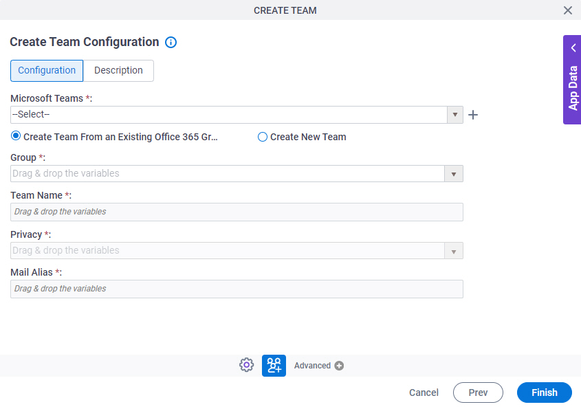 Create Team Configuration Configuration tab