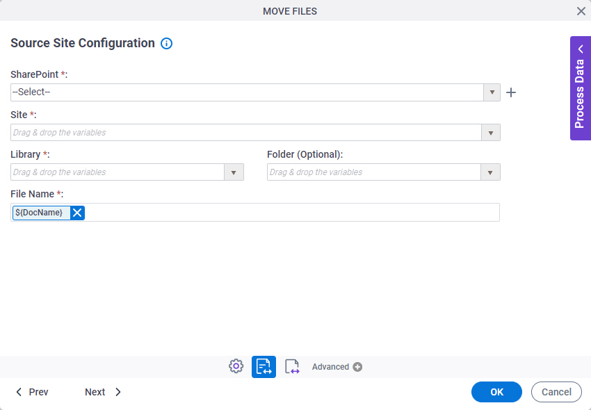 Source Site Configuration screen