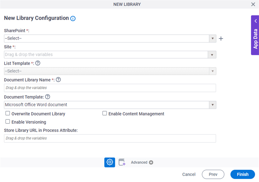 New Library Configuration screen