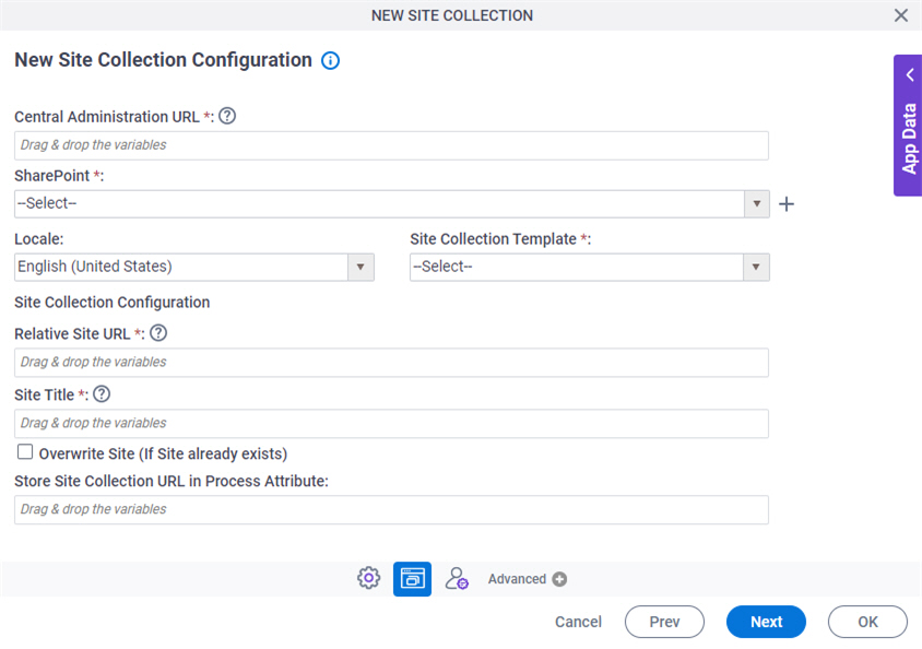 New Site Collection Configuration screen