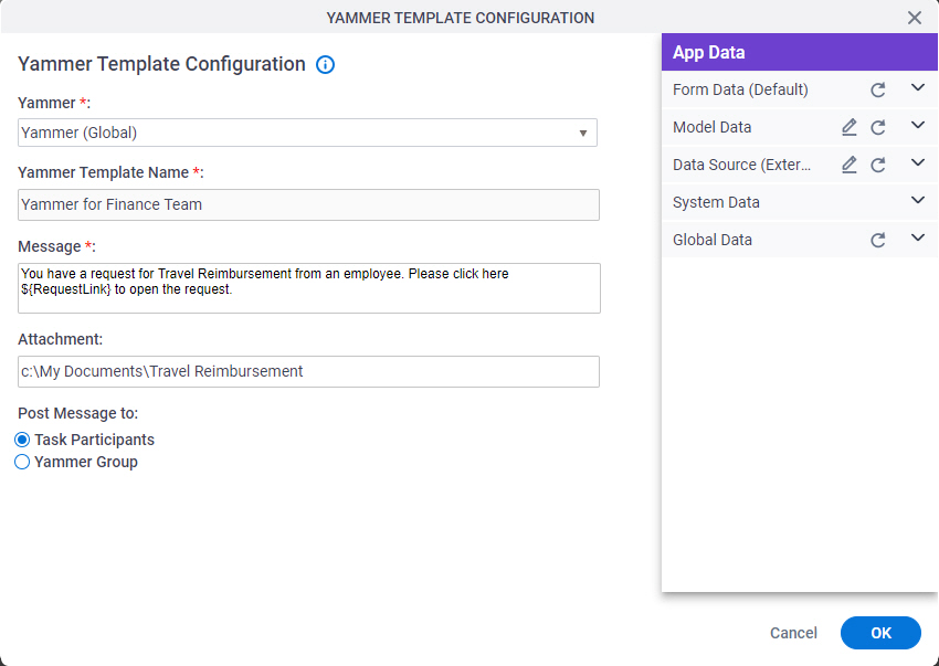 Yammer Template Configuration screen