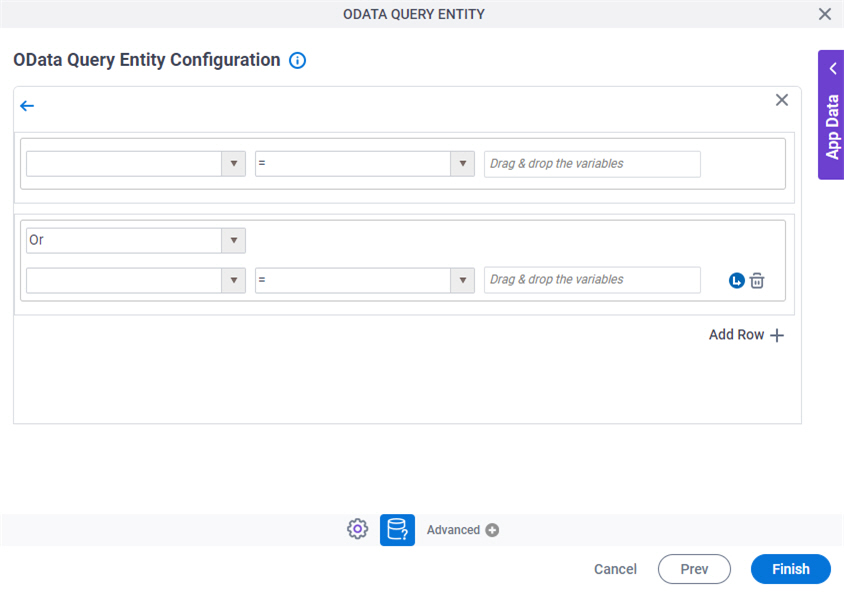 OData Query Entity Configuration Create Conditions screen