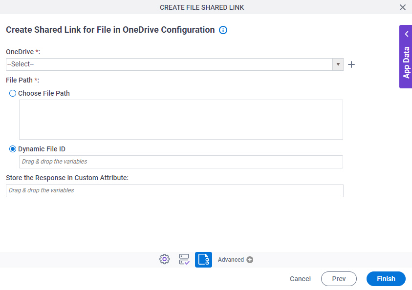 Create Shared Link for File in OneDrive Configuration screen