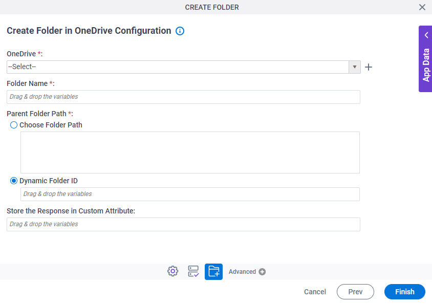 Create Folder in OneDrive Configuration screen