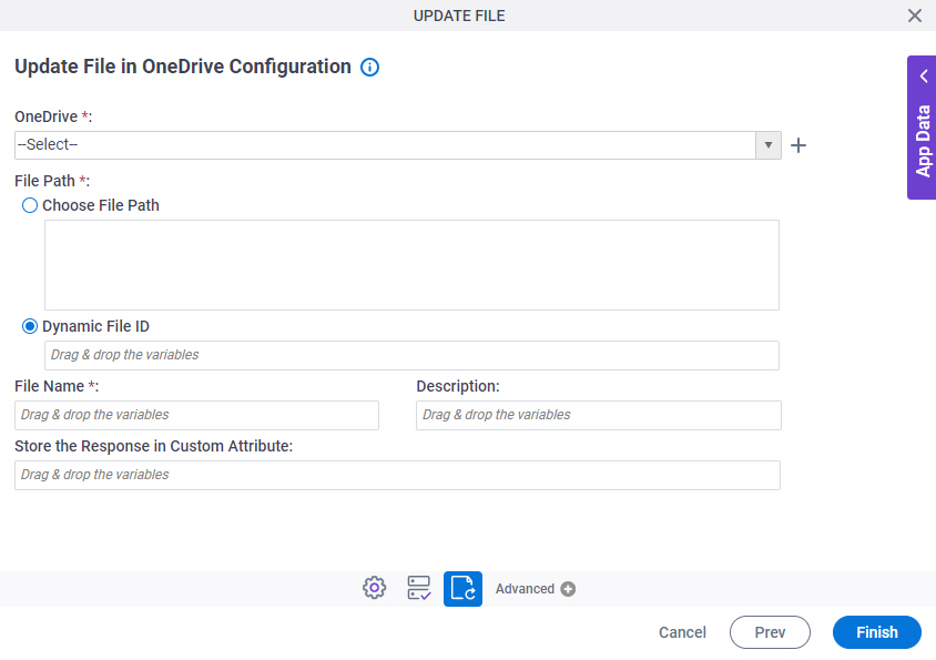 Update File in OneDrive Configuration screen