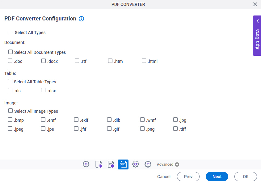 PDF Converter Configuration screen