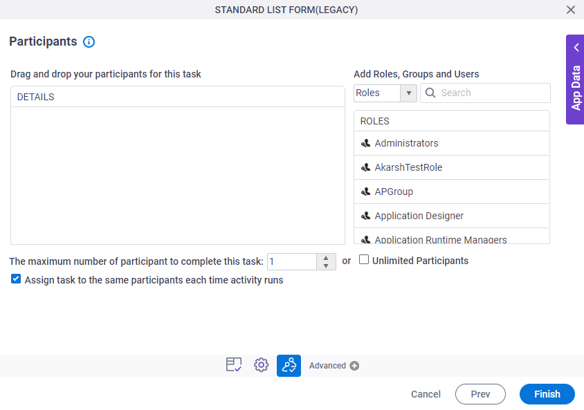 Participants screen