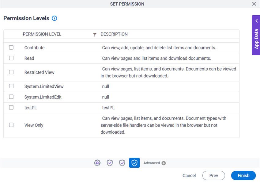 Permission Levels screen