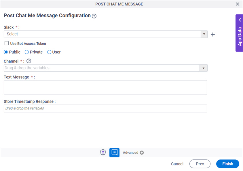 Post Chat Me Message Configuration screen