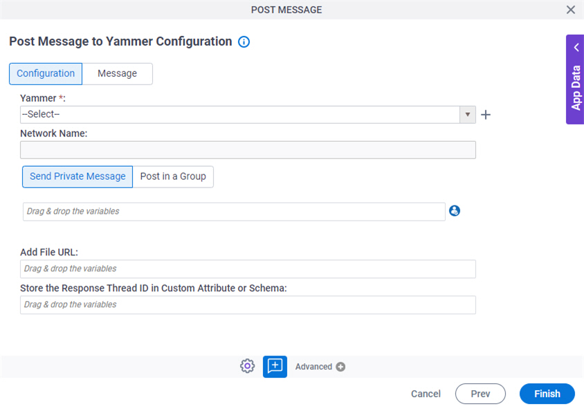 Post Message to Yammer Configuration Send Private Message tab