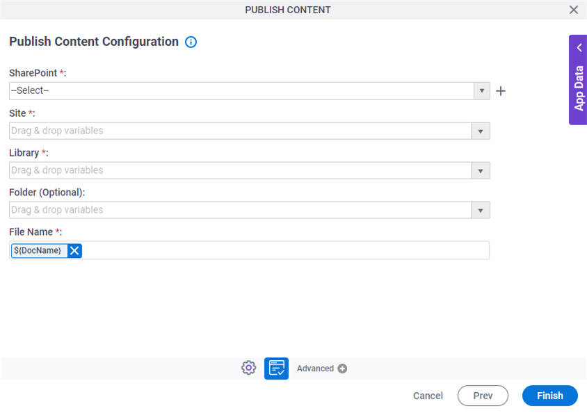 Publish Content Configuration screen