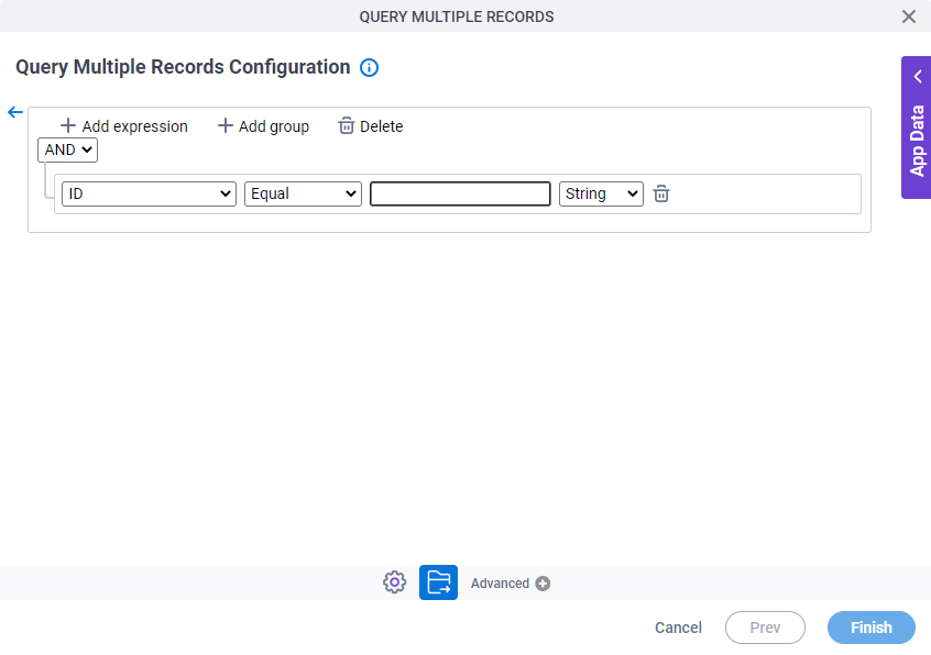 Query Multiple Records Configuration Create Conditions screen