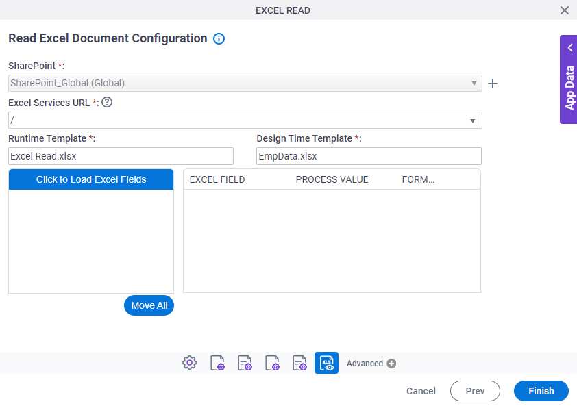 Read Excel Document Configuration screen