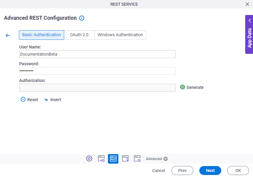 Advanced REST Configuration Authentication Basic Authentication tab