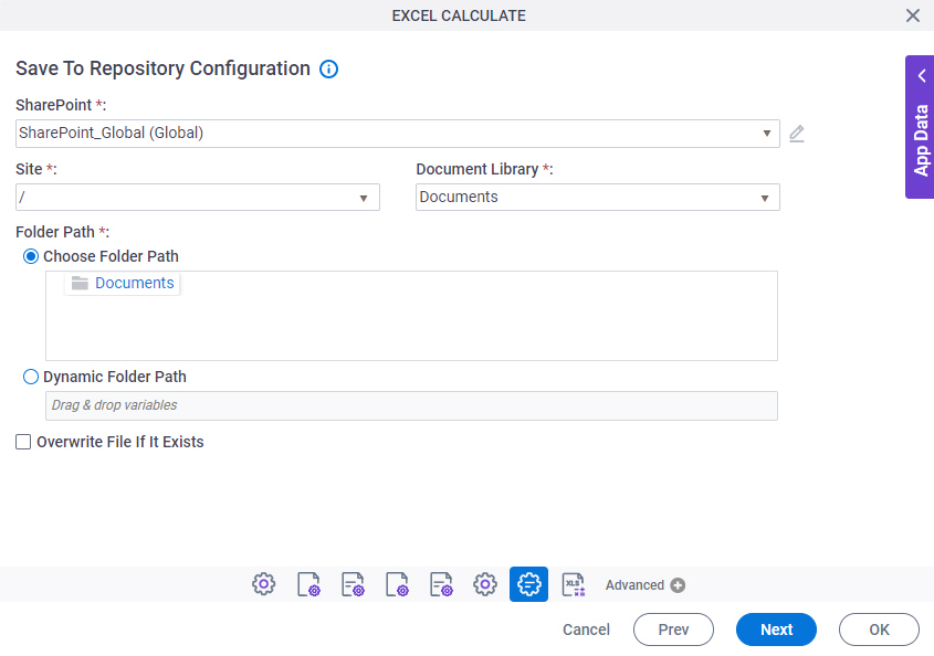 Save To Repository Configuration screen