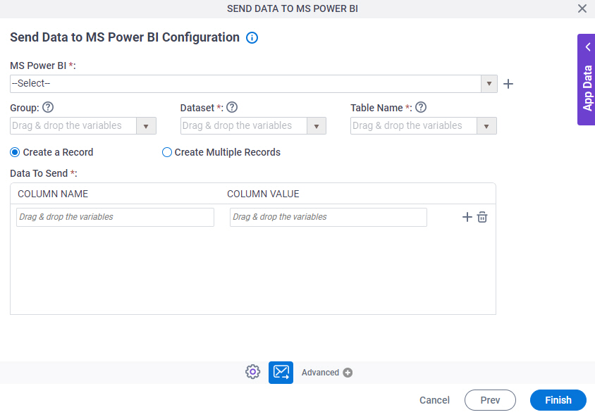 Send Data to Power BI Configuration screen