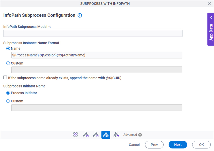 InfoPath Subprocess Configuration screen