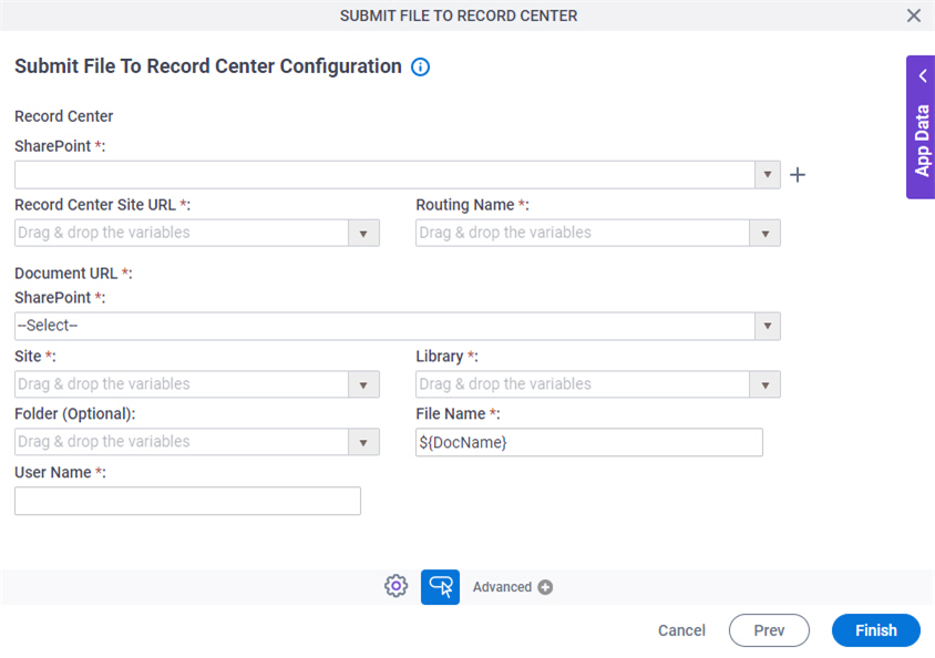 Submit File to Record Center Configuration screen