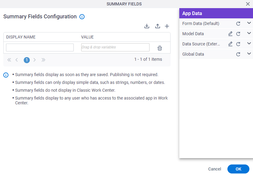 Summary Fields screen