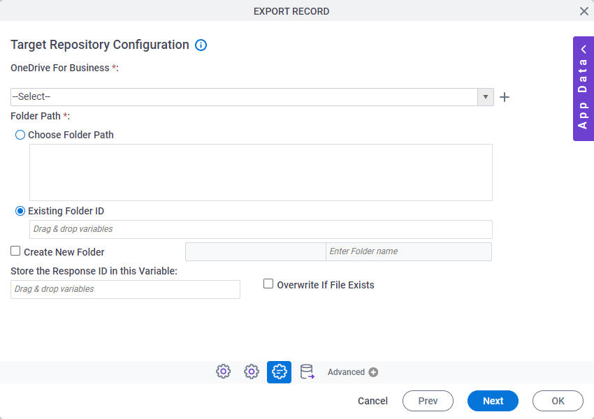 Target Repository Configuration screen OneDrive For Business